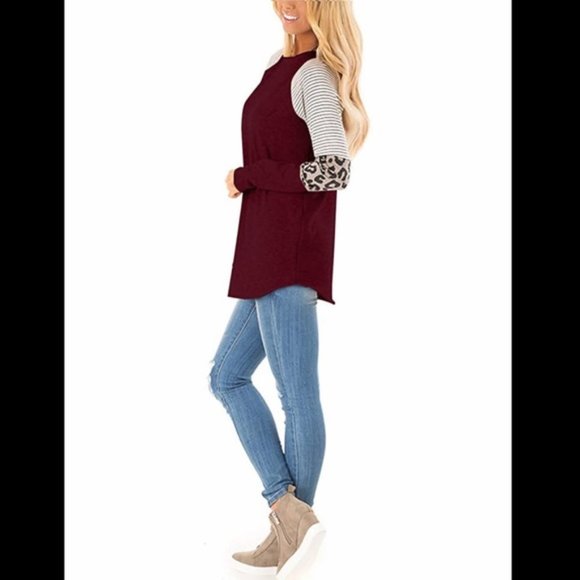 Long Sleeve Leopard Color Block Round Neck TAN - Picture 4 of 5